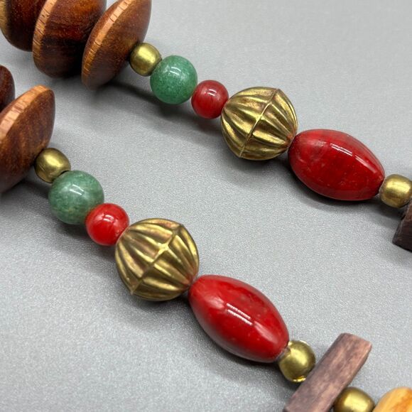 Tribal Style Statement Necklace Brass Bone Horn Wood Stone Beads 1970s Boho - Picture 5 of 16